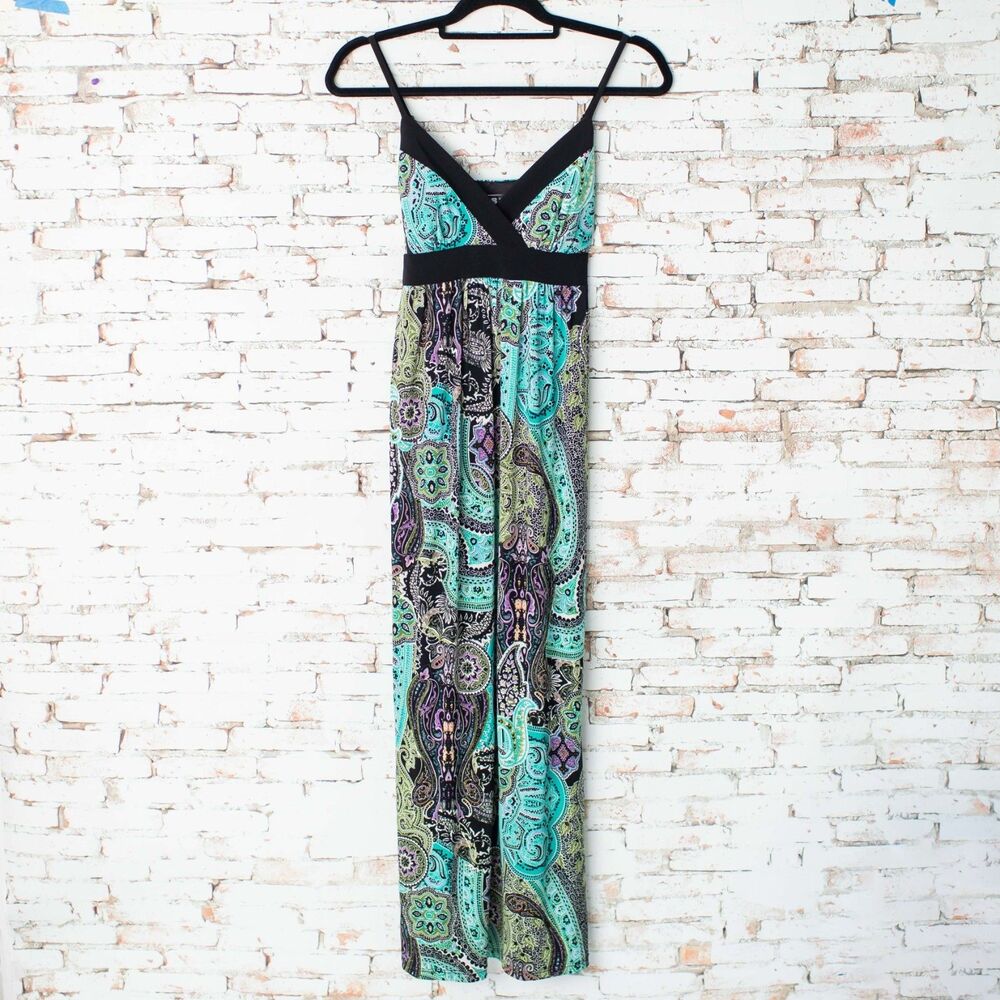 MSK Women's Size 6 Paisley Maxi Dress Black Turquoise Spaghetti Strap USA